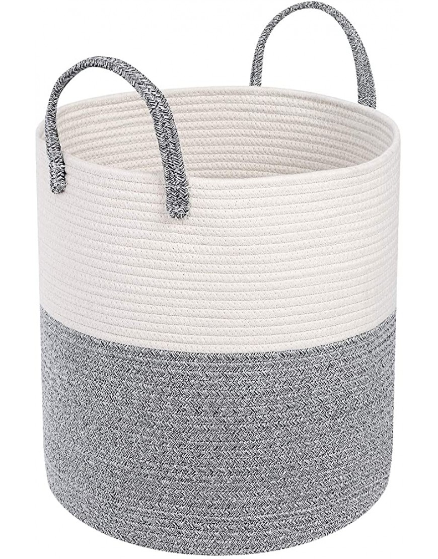 SONGMICS Woven Cotton Rope Basket Toy Storage Bin with Handles Blanket Storage for Pillows Clothes in Living Room Bedroom Gray and Beige ULCB440G01 - B3KQYLCFF