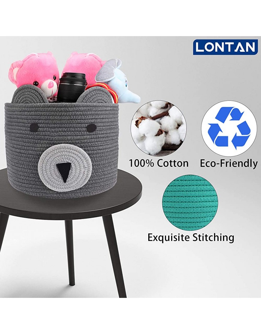 Woven Storage Basket Collapsible Laundry Hampers | LONTAN Decorative Medium Cotton Rope Basket Round Baby Hamper for Toys Snacks 12''X10'' Bear Pattern Gray - BLUR3FSPI