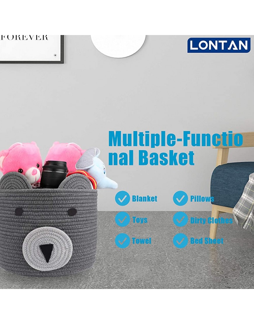 Woven Storage Basket Collapsible Laundry Hampers | LONTAN Decorative Medium Cotton Rope Basket Round Baby Hamper for Toys Snacks 12''X10'' Bear Pattern Gray - BLUR3FSPI