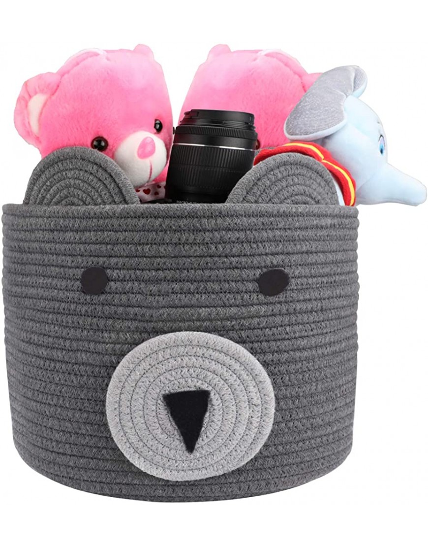 Woven Storage Basket Collapsible Laundry Hampers | LONTAN Decorative Medium Cotton Rope Basket Round Baby Hamper for Toys Snacks 12''X10'' Bear Pattern Gray - BPJSQN21N