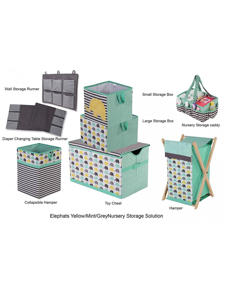 Bacati Elephants Unisex Fabric Storage Box Tote Large Mint Yellow Grey - BBWS9W835