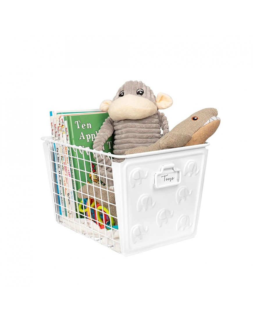 Takyl Home Elephant Medium Baby Basket with Handle & Customizable Label Plate Nursery Organization Bin for Diapers Pacifiers Onesies Burping Cloths & More White - B0JBP74U3