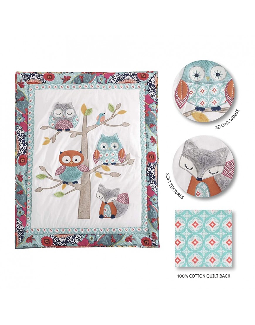 Levtex Baby Camille Crib Bed Set Baby Nursery Set Multicolor Owls in a Tree 5 Piece Set Includes Quilt Fitted Sheet Diaper Stacker Wall Decal & Crib Skirt Dust Ruffle - BBWOZDGJM