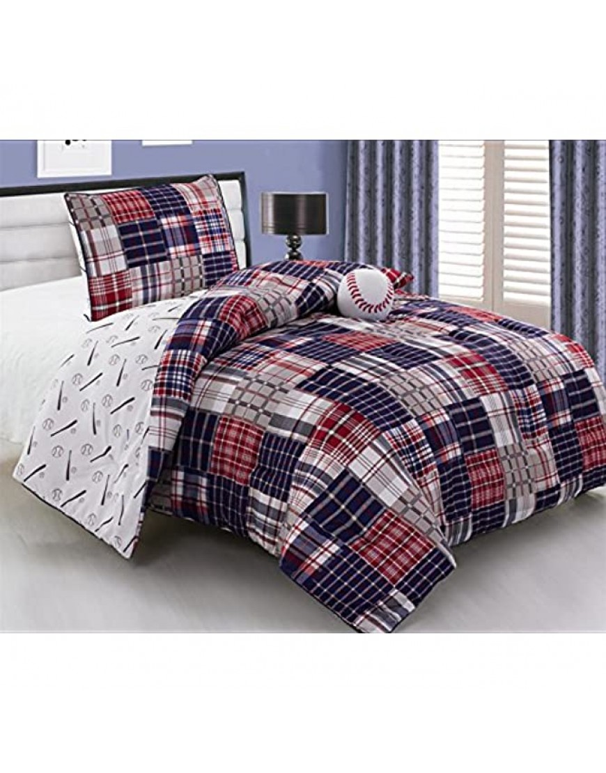3 Piece Kids Twin Size Baseball Sports Theme Comforter Set with Plush Ball Included-Navy Blue Red White and Beige Plaid. Boys Girls Guest Room and School Dormitory Bedding - BA632AR1L