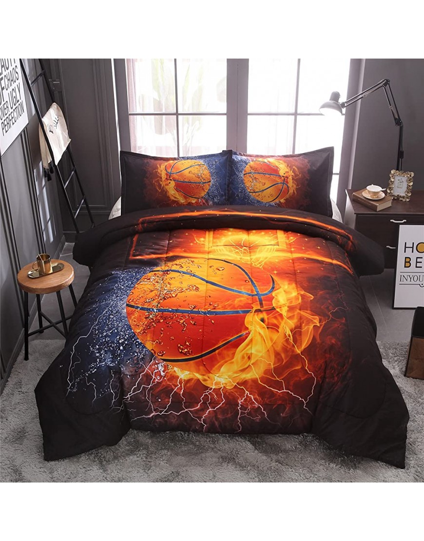A Nice Night Basketball Print,with Fire and Ice Pattern Comforter Quilt Set Bedding Sets for Boys Kids Teen Basketball Full - BOETYYGDA
