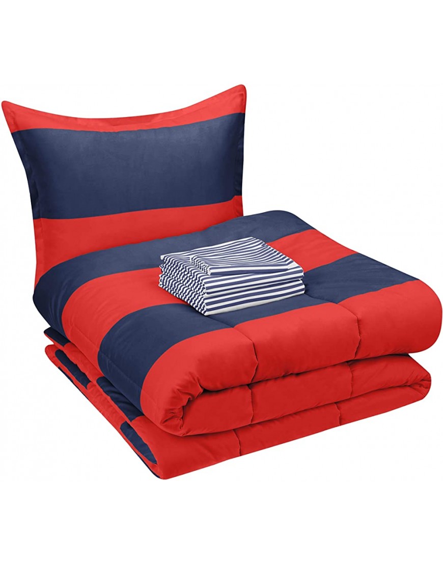 Basics Kids Easy-Wash Microfiber Bed-in-a-Bag Rugby Stripe Bedding Set Twin Red Navy - B4273RVLD