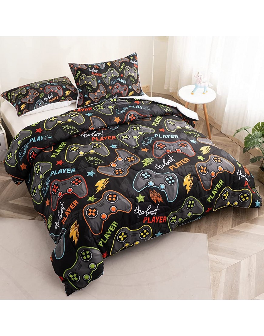 BEDMUST Gamer Comforter Sets Full Video Game Comforter for Boy Gaming Bedding with Lightning Star Playstation Bed Set for Teen Adult Bedroom Full Black - B2CB2QGW5