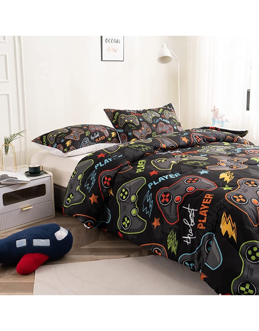 BEDMUST Gamer Comforter Sets Full Video Game Comforter for Boy Gaming Bedding with Lightning Star Playstation Bed Set for Teen Adult Bedroom Full Black - B2CB2QGW5