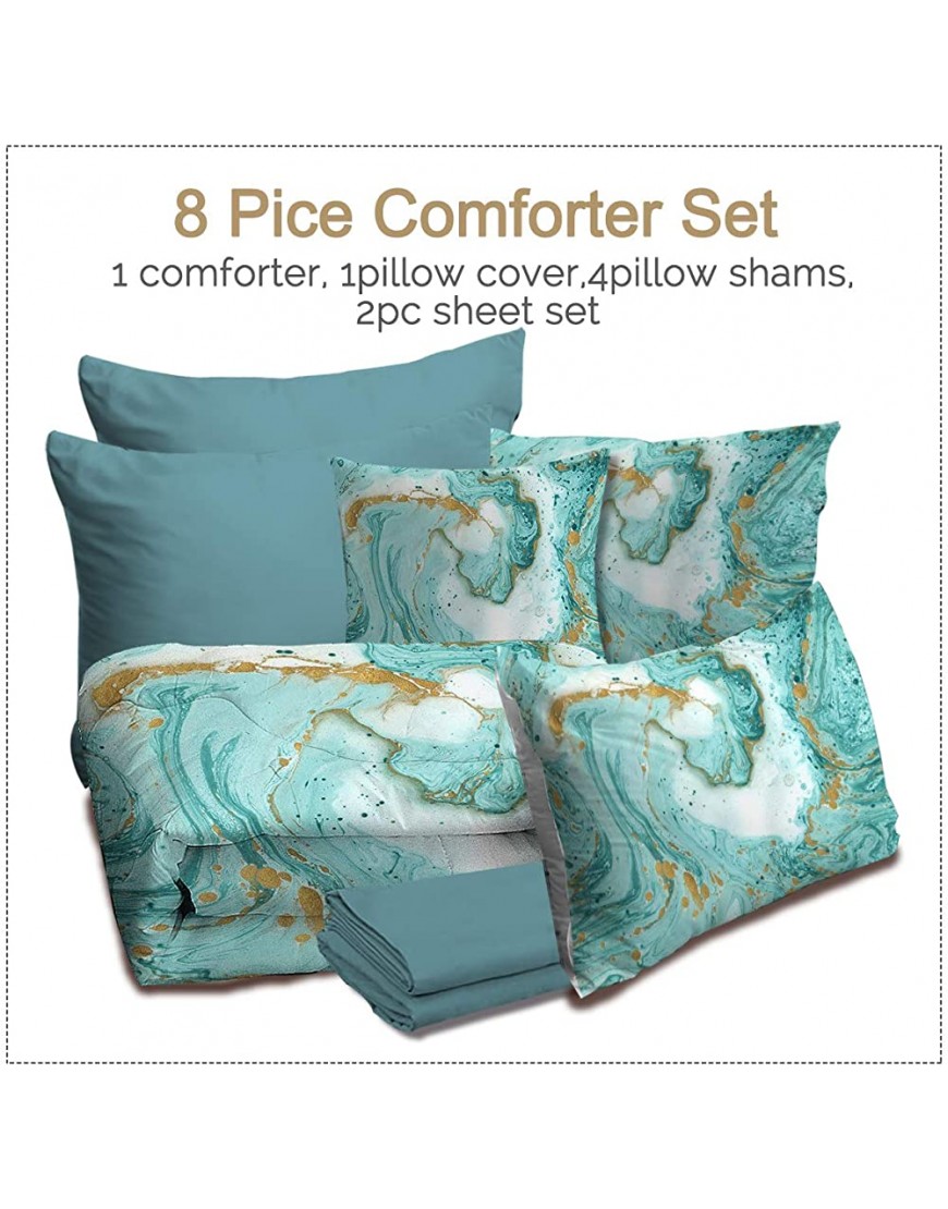 BlessLiving 8 Piece Marble Bed in A Bag Queen Size Complete Set Turquoise Chic Girly Gold Marble Bedding 1 Comforter 2 Pillow Shams 1 Flat Sheet 1 Fitted Sheet 1 Cushion Cover 2 Pillowcases - B8WQPISEV