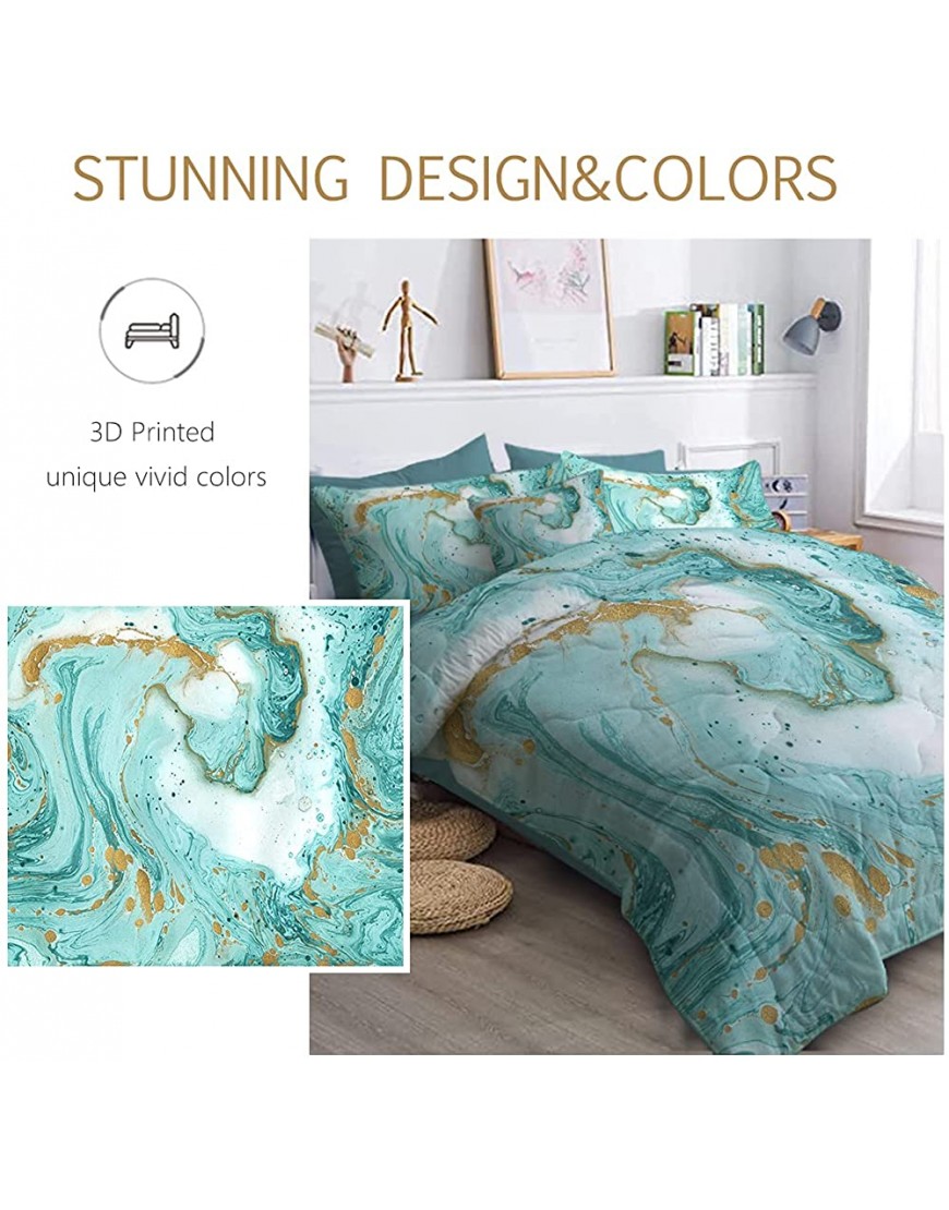 BlessLiving 8 Piece Marble Bed in A Bag Queen Size Complete Set Turquoise Chic Girly Gold Marble Bedding 1 Comforter 2 Pillow Shams 1 Flat Sheet 1 Fitted Sheet 1 Cushion Cover 2 Pillowcases - B8WQPISEV