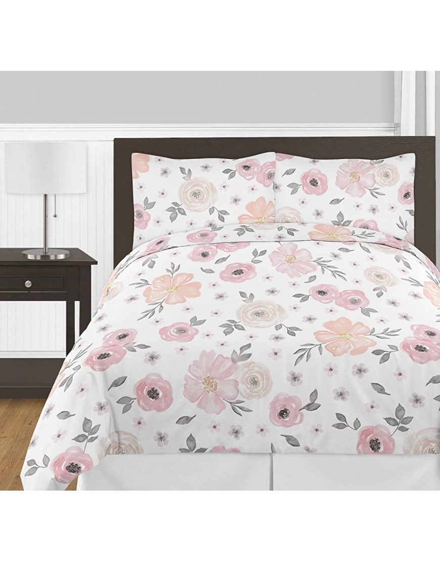 Blush Pink Grey and White Shabby Chic Watercolor Floral Girl Full Queen Kid Childrens Bedding Comforter Set by Sweet Jojo Designs 3 Pieces Rose Flower - BFZK6S9BA