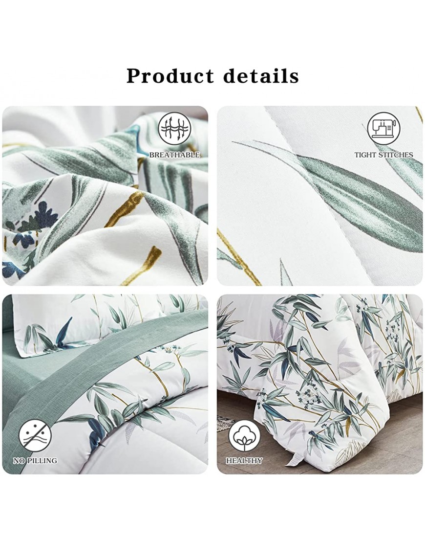 Botanical Bed in a Bag 6 Pieces Twin Size Green Leaves on White Soft Microfiber Reversible Bed Comforter Set for Kids 1 Comforter 2 Pillow Shams 1 Flat Sheet 1 Fitted Sheet 1 Pillowcases - BQOYKVUUN
