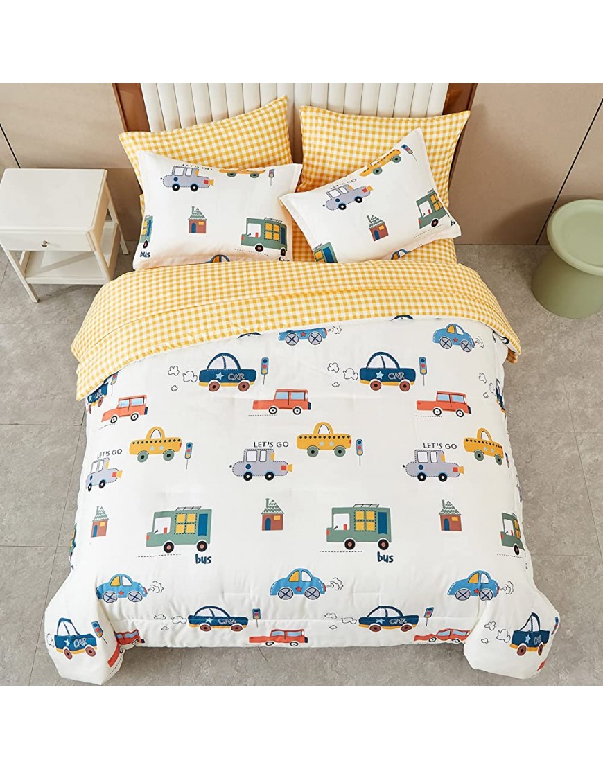 Cars Kids Comforter Set Twin Size 5 Pieces Bed in a Bag Reversible Yellow Plaid Bedding Set for Boys Girls Toddler Soft Lightweight Bed Comforter Set with Sheets - B5LY0SJVK