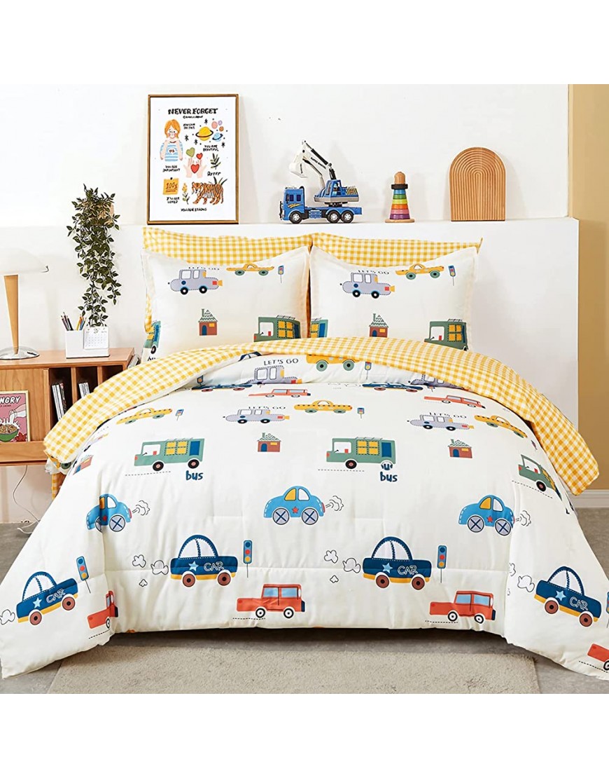 Cars Kids Comforter Set Twin Size 5 Pieces Bed in a Bag Reversible Yellow Plaid Bedding Set for Boys Girls Toddler Soft Lightweight Bed Comforter Set with Sheets - B5LY0SJVK
