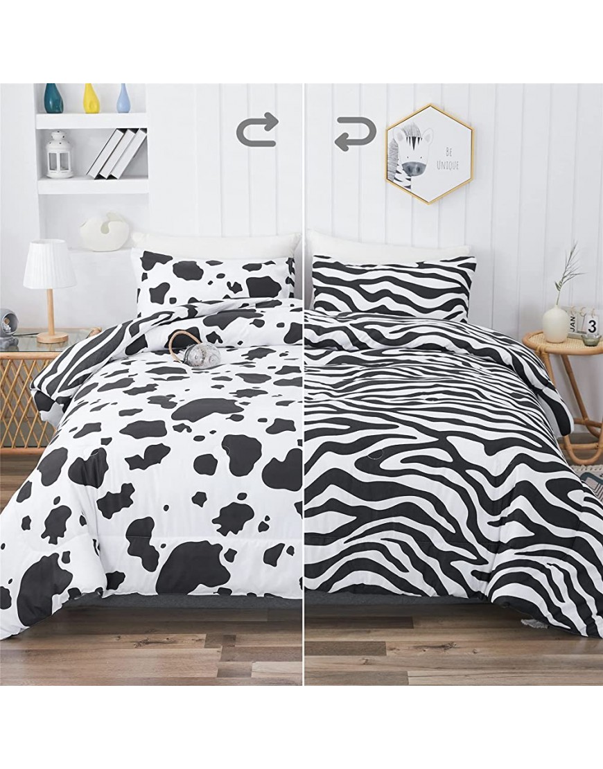 Cow Print Bedding Comforter Set Twin Size Black White All Season Reversible Zebra Print Comforter Set 3 Piece Kids Bedding Set with 2 Pillowcases for Girls Boys - BWJZ2BYG0