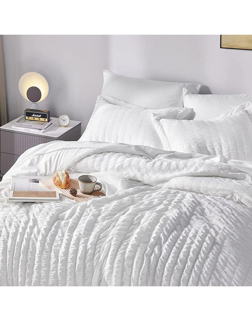 CozyLux Twin Bed in a Bag White Seersucker Textured Comforter Set with Sheets 5-Pieces for Girls and Boys Bedding Sets with Comforter Pillow Sham Flat Sheet Fitted Sheet Pillowcase - BFKWPA6E4