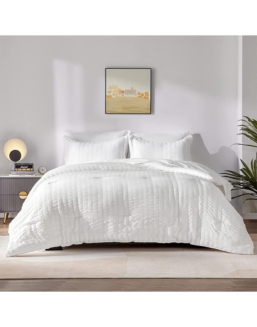 CozyLux Twin Bed in a Bag White Seersucker Textured Comforter Set with Sheets 5-Pieces for Girls and Boys Bedding Sets with Comforter Pillow Sham Flat Sheet Fitted Sheet Pillowcase - BFKWPA6E4