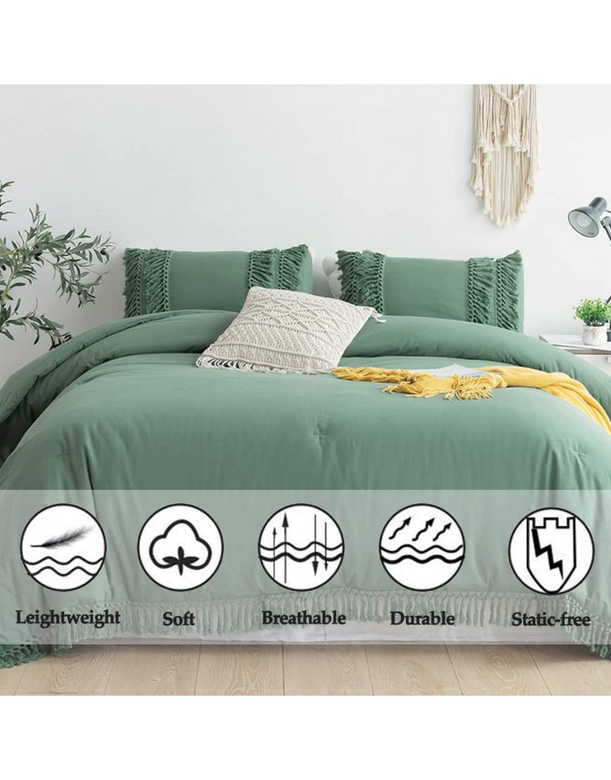 CozyTide Sage Green Comforter Set Queen Shabby Boho Chic Fringe Tassel Bedding Comforters 100% Washed Cotton Farmhouse Aesthetic Vintage Ruffle Cute Girls Home Bedding 3 Pieces Ultra Soft - B6MD5GIWI
