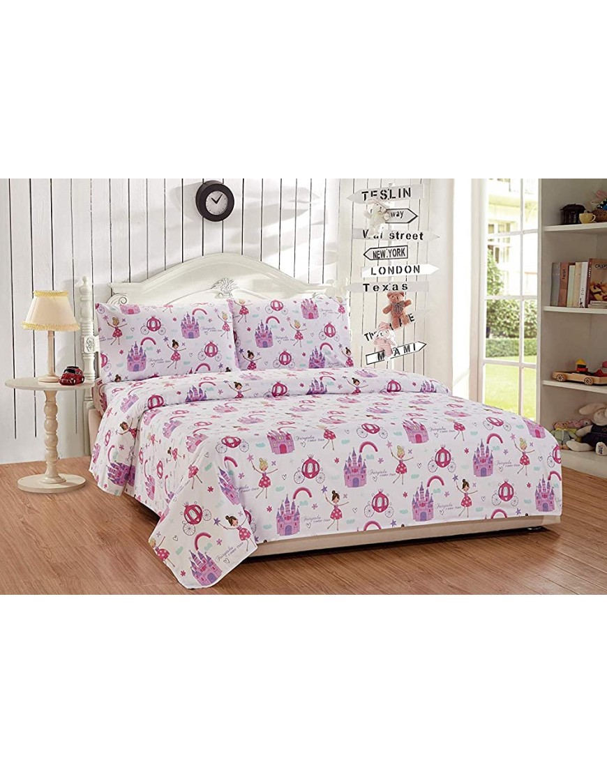 Elegant Homes Multicolor Pink Lavender Lilac Blue Princess Fairy Tales Palace Castle Design Comforter Bedding Set for Girls Kids Bed in a Bag with Sheet Set # Fairytales Queen Size - BKQ0R8VKD