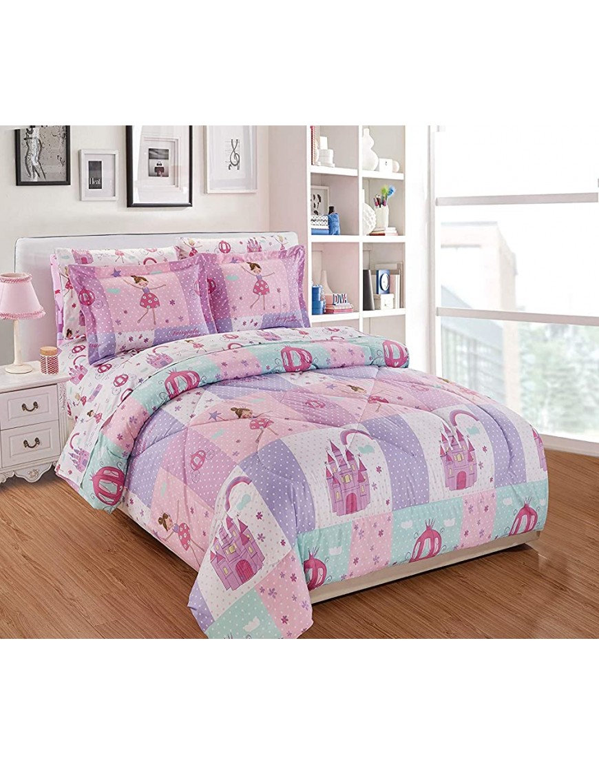 Elegant Homes Multicolor Pink Lavender Lilac Blue Princess Fairy Tales Palace Castle Design Comforter Bedding Set for Girls Kids Bed in a Bag with Sheet Set # Fairytales Queen Size - BKQ0R8VKD