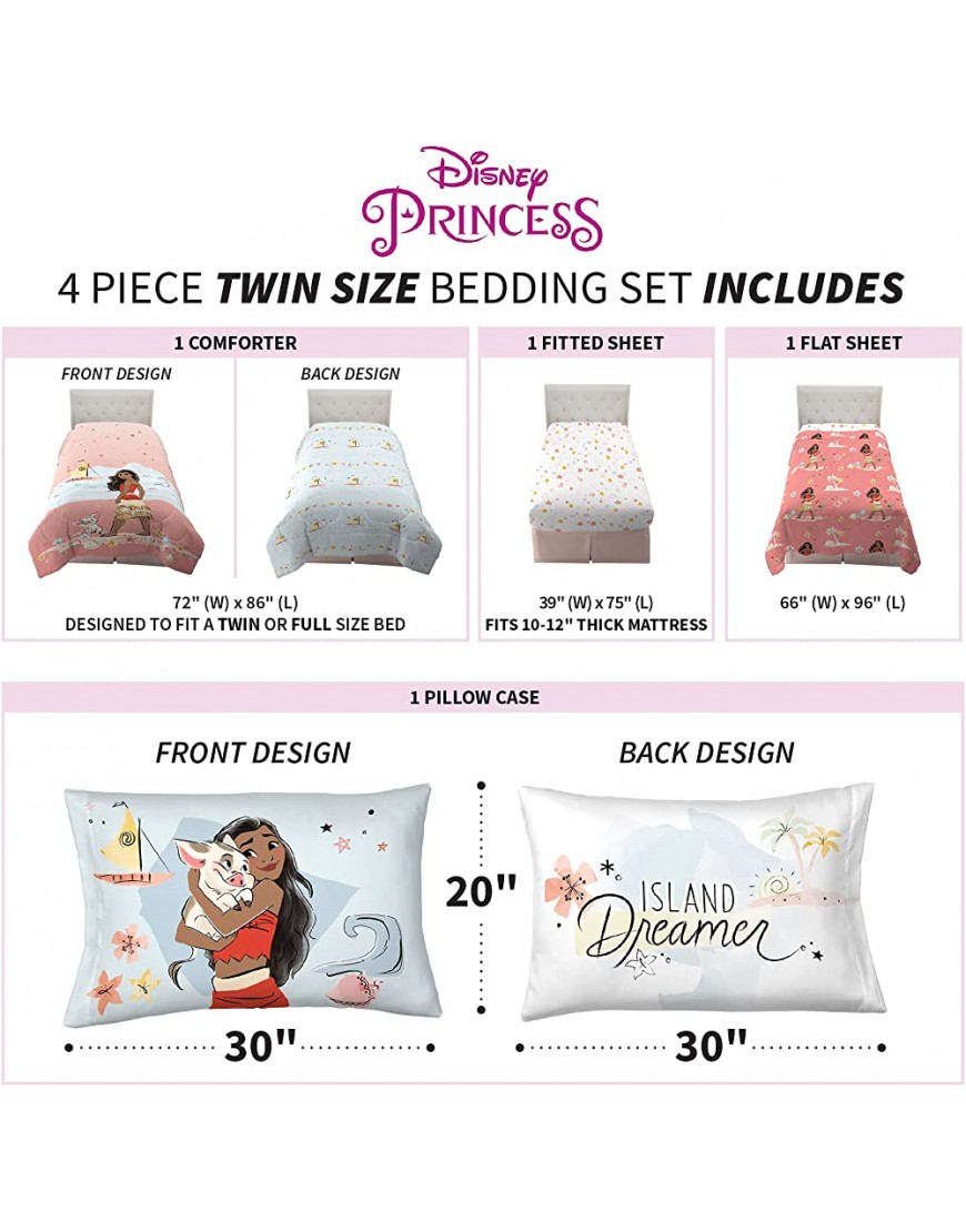 Franco Kids Bedding Super Soft Microfiber Comforter and Sheet Set 4 Piece Twin Size Disney Princess Moana - BHXB51M9P