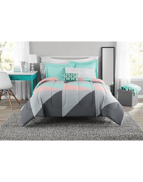 Fun and Bold Mainstays Gray and Teal Bed in a Bag Modern Comforter Set Geometric Triangle Print with Teal Blue Gray and Pink Coral Great for Dorms and Kid's Rooms! Queen - BOW3H08N5