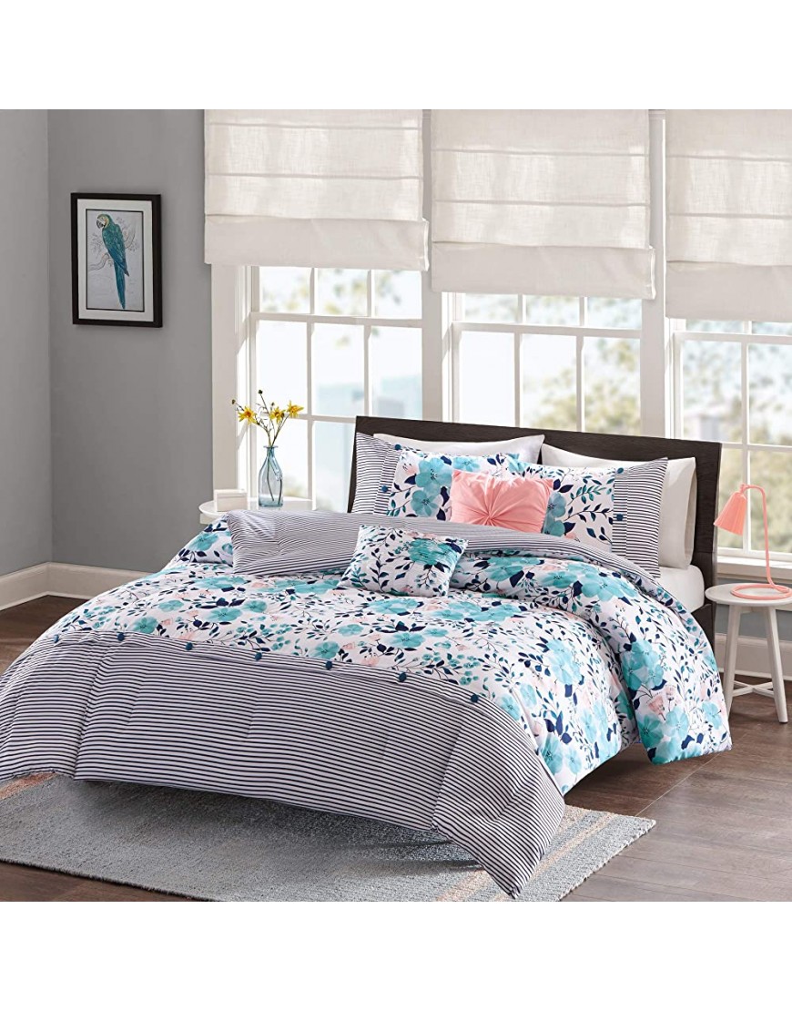 Intelligent Design Delle Comforter Set Full Queen Size Blue Floral Stripes – 5 Piece Bed Sets – Ultra Soft Microfiber Teen Bedding For Girls Bedroom - B3QR4LI8V