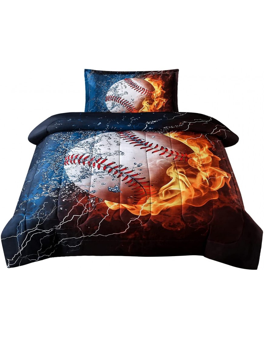 JQinHome Twin Baseball and Fire Comforter Sets for Teen Boys -3D Sports Themed All-Season Down Alternative Quilted Duvet Reversible Design Includes 1 Comforter 1 Pillow Sham - BCG95EZH9