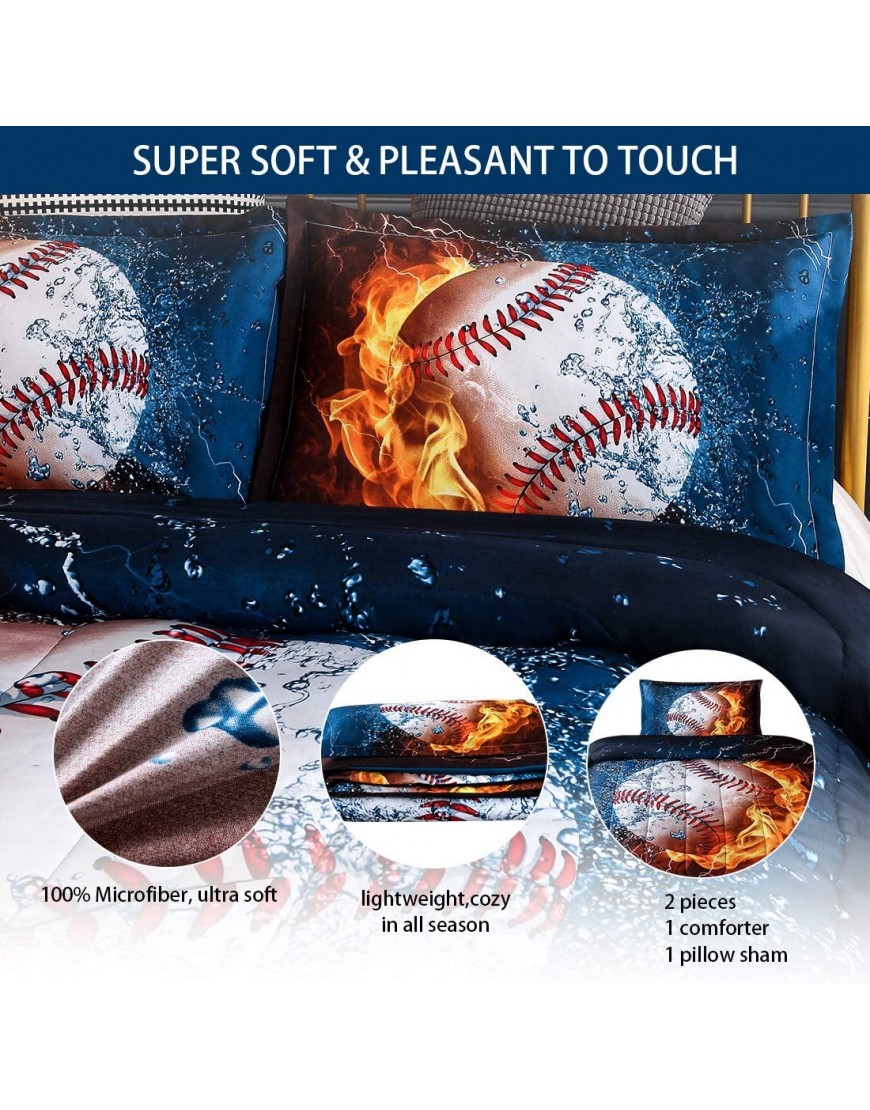 JQinHome Twin Baseball and Fire Comforter Sets for Teen Boys -3D Sports Themed All-Season Down Alternative Quilted Duvet Reversible Design Includes 1 Comforter 1 Pillow Sham - BCG95EZH9