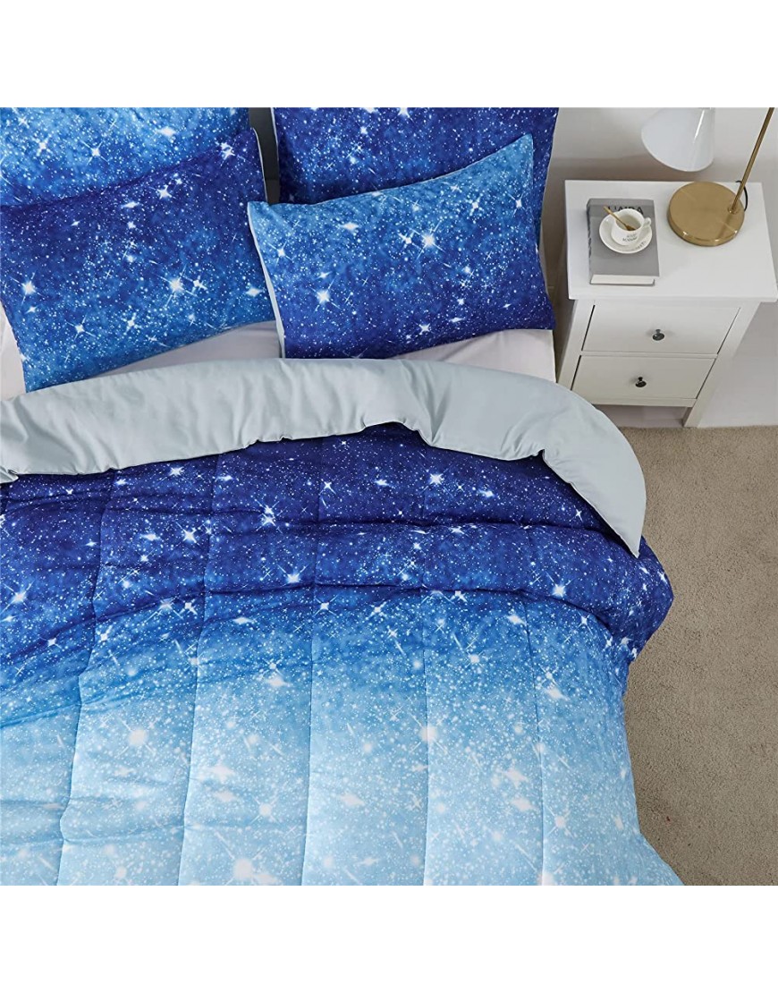 kiddiku Blue Glitter Comforter Set Full Queen Size for Boys Girls Sparkle Galaxy Twinkle Starlight Kids Teen 3 Piece Aqua Navy Ombre Bedding with 2 Pillow CasesBlue,Queen Queen3-Piece - BLNKOLT03
