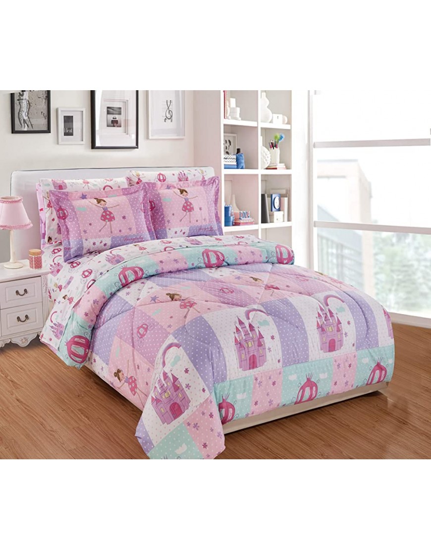 Linen Plus Comforter Set for Girls Teens Fairy Tales Castle Princess Carriage Pink Lavender White New Queen - B8VEMGR0D