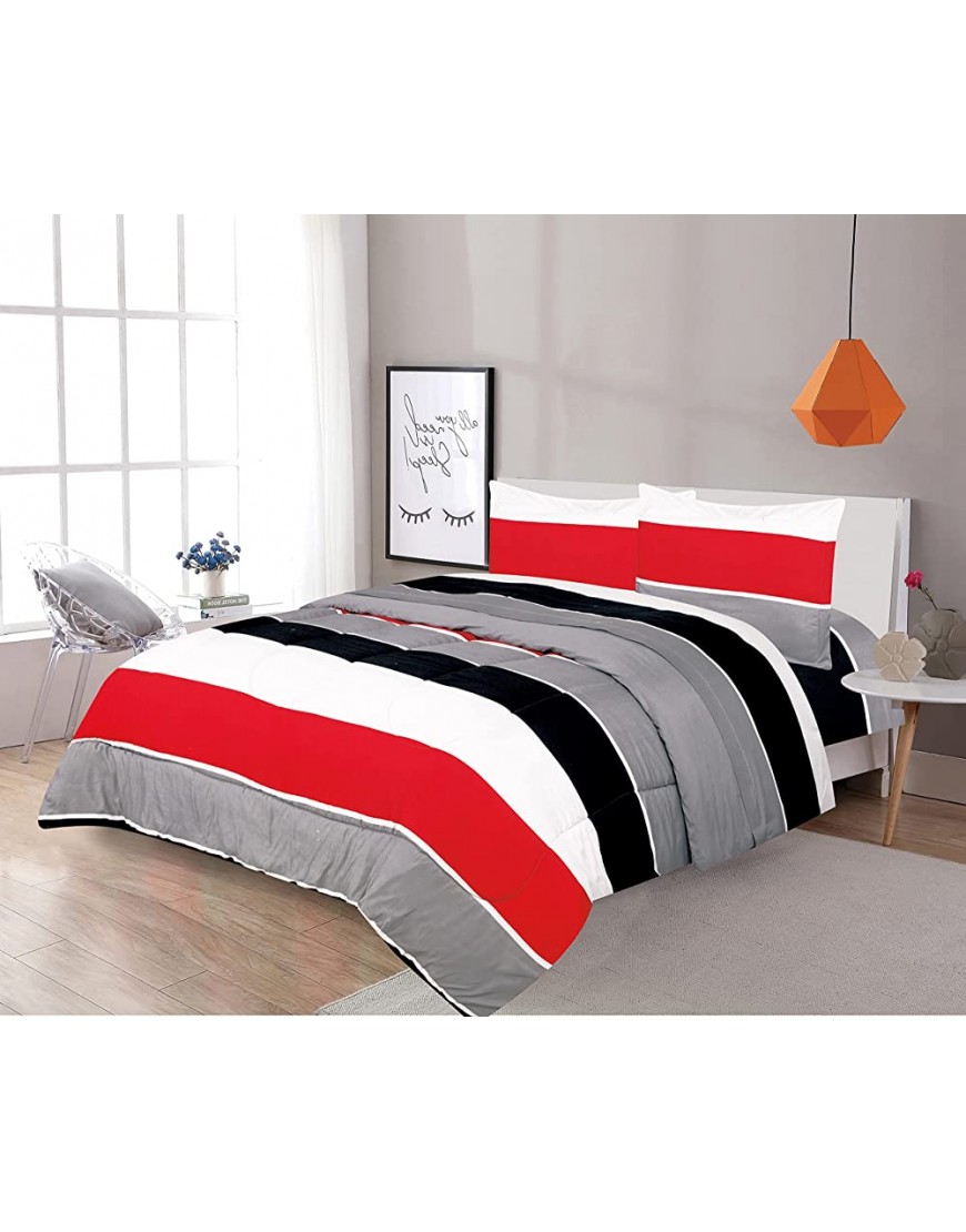 LinenTopia 5 Piece Twin Size Comforter Set Bed in Bag with Shams,Sheet Set Striped Pattern Multicolor Red Gray Black White,Boys Kids Girls Teen Comforter Beddingw Sheets Red|Gray T 5pc Stripe - BV1UWCO38