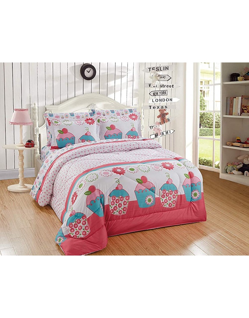 Luxury Home Collection Kids Teens Girls 5 Piece Twin Size Comforter  Bed in A Bag Bedding Set with Sheets Polka Dot Floral Cupcakes Pink White Turquoise Green - B5SEIJQ72