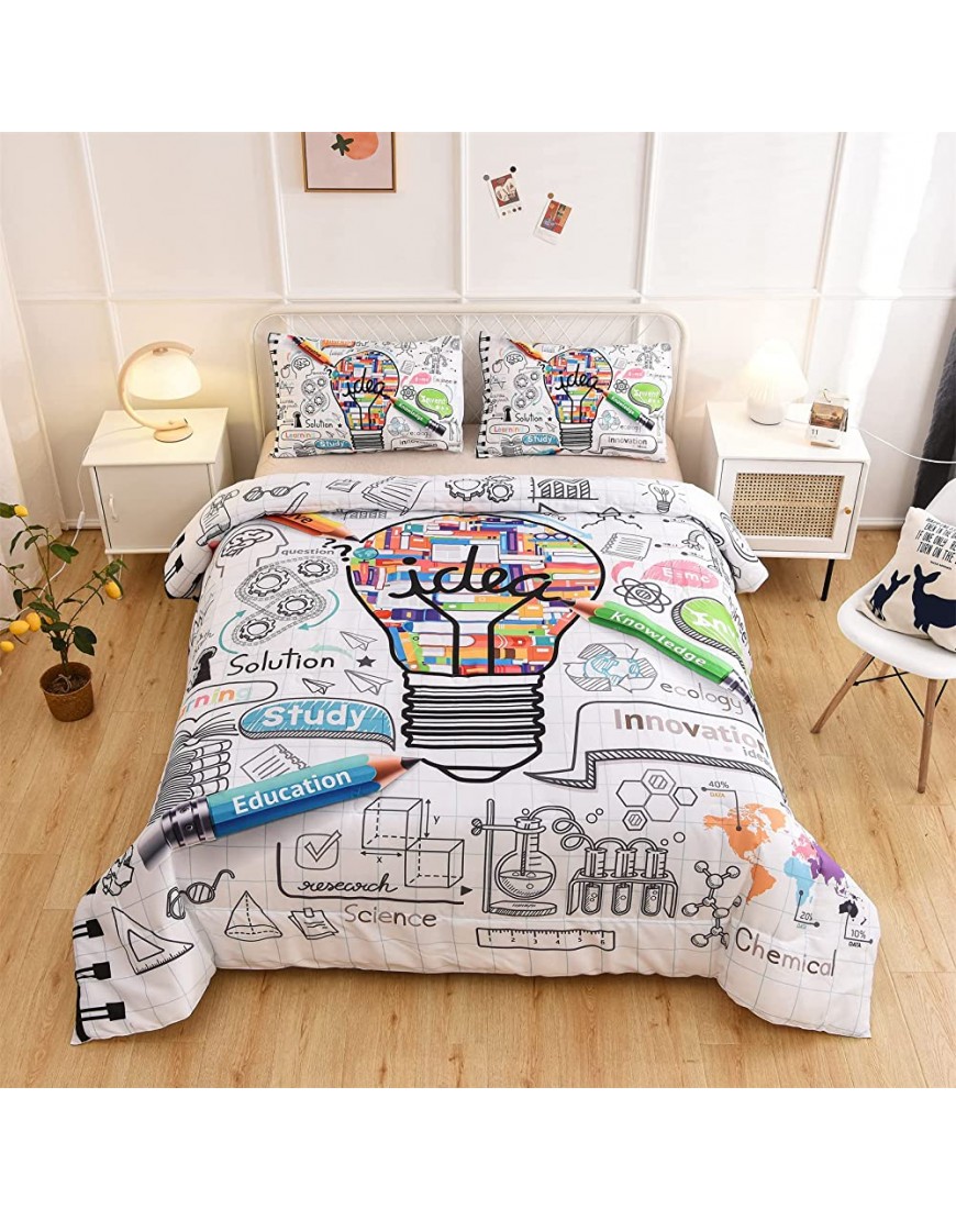 Meeting Story Twin Comforter Bedding Sets for Kids Ultra Soft Comforter Set Colorful Pencils Education Theme Design All Seasons for Teens Boys and Girls Bedroom School Dorm Decor Twin White - BOFCWZEOT
