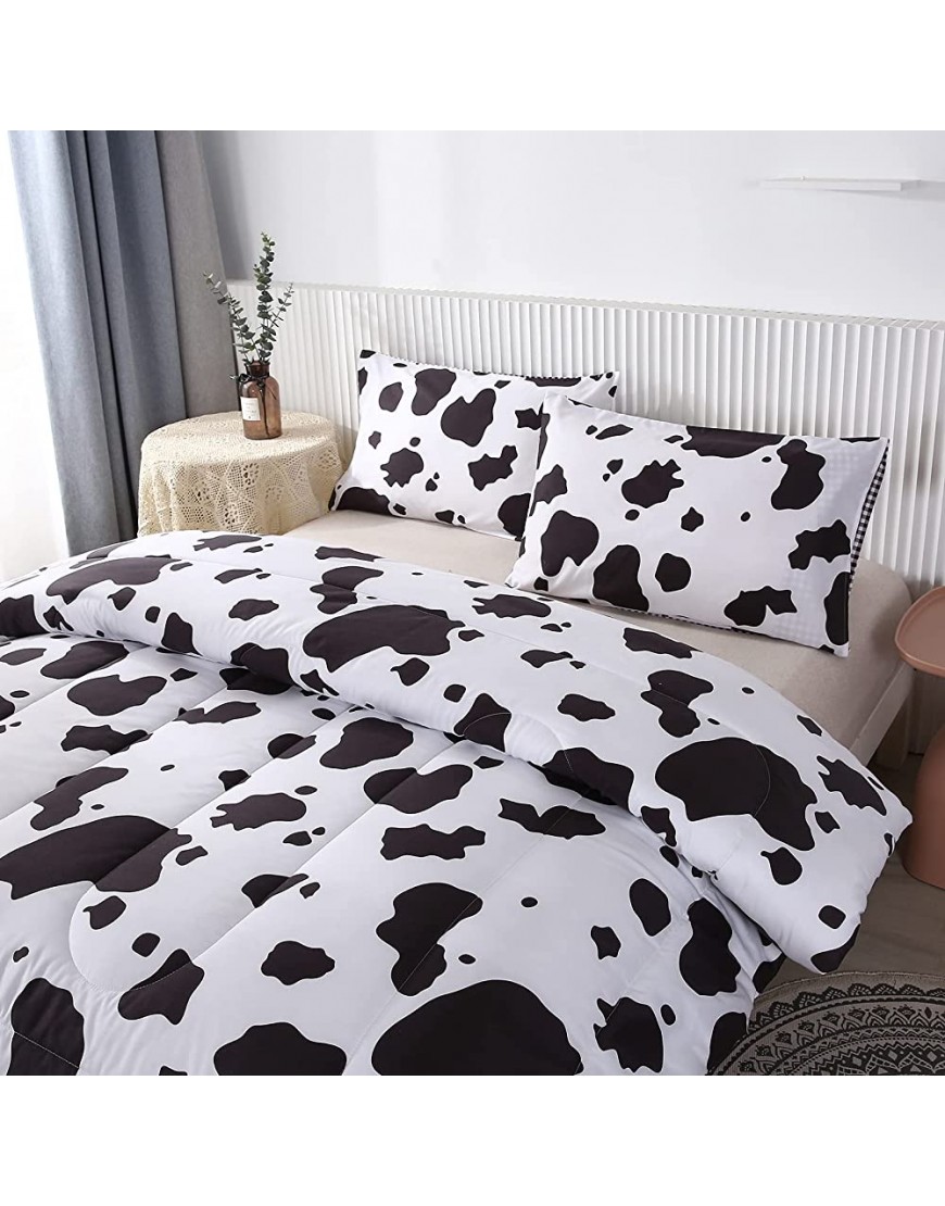 Mengersi Cow Print Comforter Set Full Size Black and White Reversible All Season Plaid Grid Bedding Sets with 2 Pillow Shams for Kids Girls Boys - B2YZ44EXL
