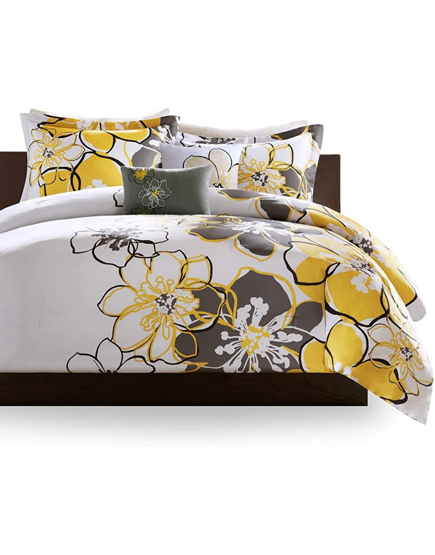 Mi Zone Kids Allison Comforter Set Fun Bedroom Décor Modern All Season Floral Vibrant Color Cozy Bedding Layer Matching Sham Decorative Pillow Full Queen Yellow Grey 4 Piece - BI96LYF8O