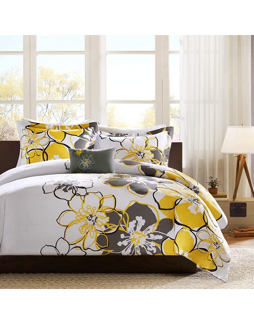 Mi Zone Kids Allison Comforter Set Fun Bedroom Décor Modern All Season Floral Vibrant Color Cozy Bedding Layer Matching Sham Decorative Pillow Full Queen Yellow Grey 4 Piece - BI96LYF8O