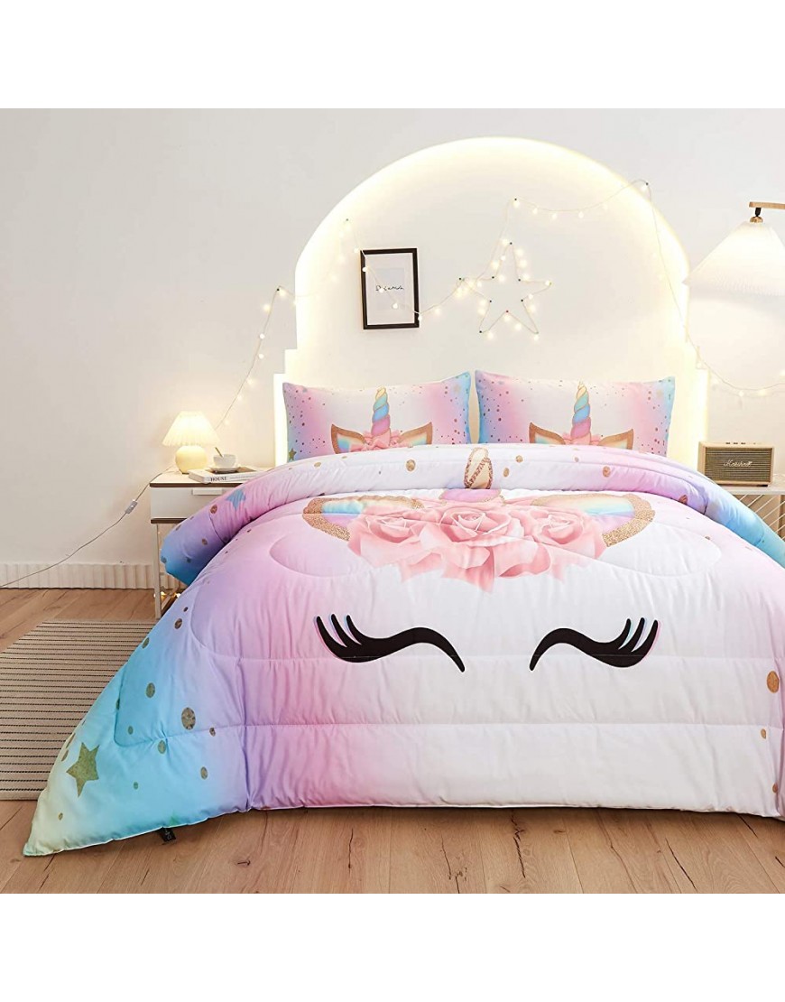 Namoxpa Unicorn Bedding 3 Piece Flower Girl Comforter Sets,Cartoon Unicorn Bedspreads Cute Comforter Sets for Teens and Girls,Queen Size - BIJ1XITOS