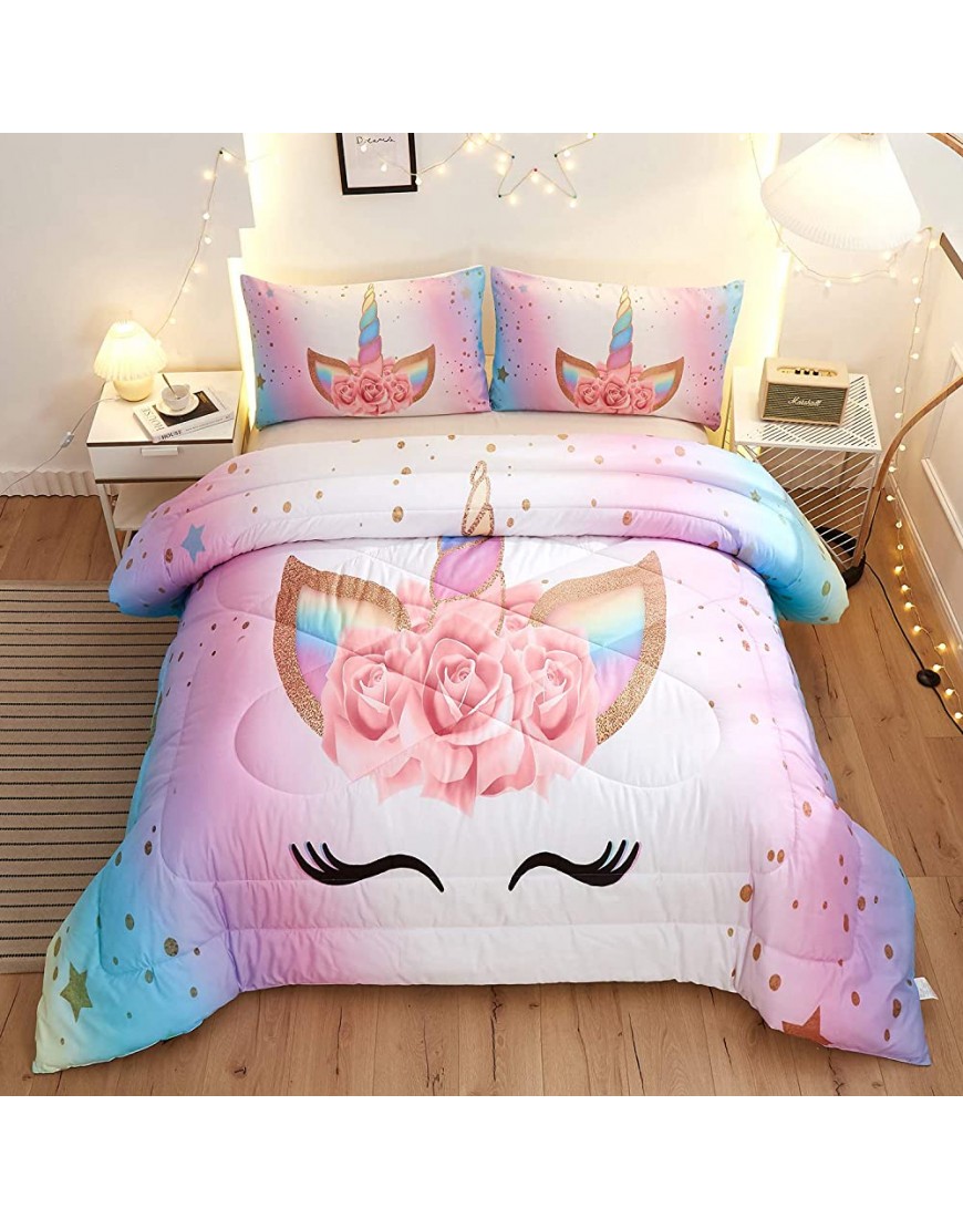 Namoxpa Unicorn Bedding 3 Piece Flower Girl Comforter Sets,Cartoon Unicorn Bedspreads Cute Comforter Sets for Teens and Girls,Queen Size - BIJ1XITOS