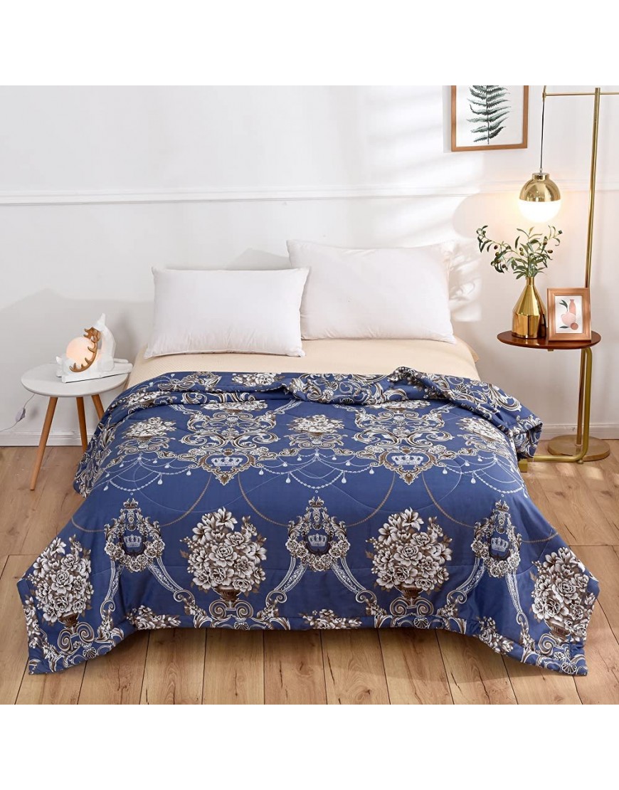 NATURETY Down Alternative Quilted Thin Comforter for Summer,Light Weight Printed Bed Quilts Duvet Insert Navy Blue Queen Full - B6847VP76