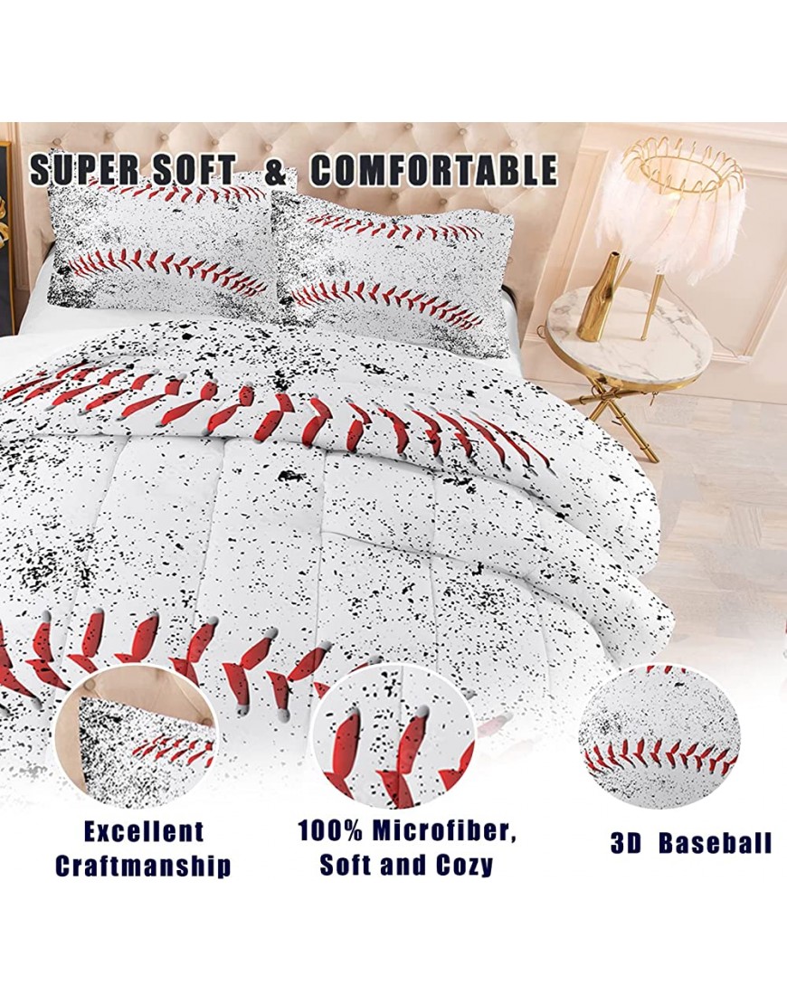 NINENINE Baseball Comforter Bedding Set Queen for Boys Teens,Baseball Pattern with Black Half-Dotted Printed Bedding Set,White Comforter Set,Soft Microfiber Quilt Set with Matching Pillowcase#5009 - BP7SLYBW1