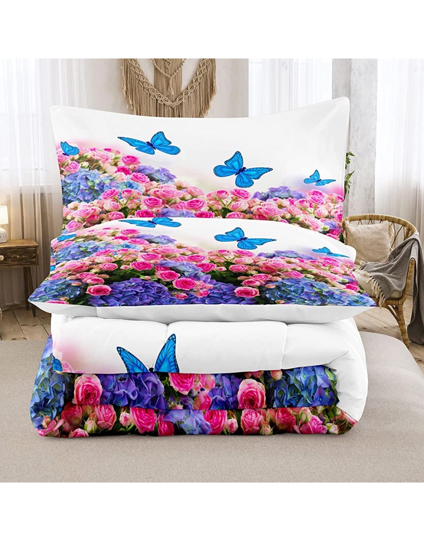 NINENINE Butterfly Comforter Flower Comforter Bedding Set Queen Size for Boys Girls,Blue Butterflies Flying with Pink and Purple Flowers Bedding Set,Soft Microfiber Quilt with Matching Pillowcase#5003 - BWEQYL08O