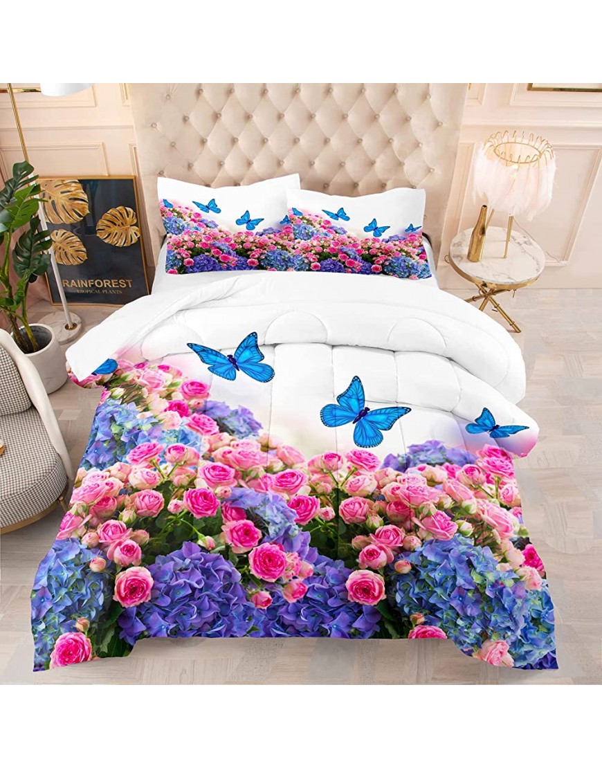 NINENINE Butterfly Comforter Flower Comforter Bedding Set Queen Size for Boys Girls,Blue Butterflies Flying with Pink and Purple Flowers Bedding Set,Soft Microfiber Quilt with Matching Pillowcase#5003 - BWEQYL08O