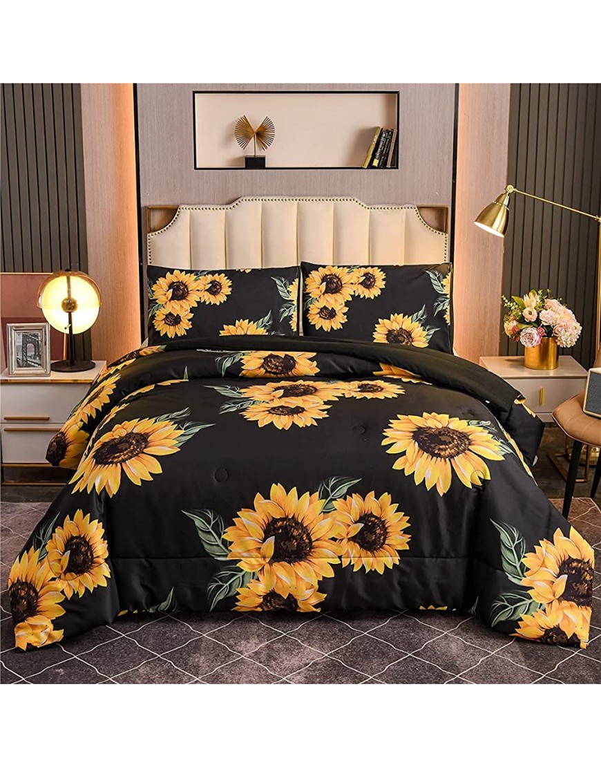 NTBED Black Sunflowers Comforter Set Queen Yellow Floral Botanical 3-Pieces Microfiber Bedding Quilt for Boys Girls Teens Black Queen - BVSRTJI6M