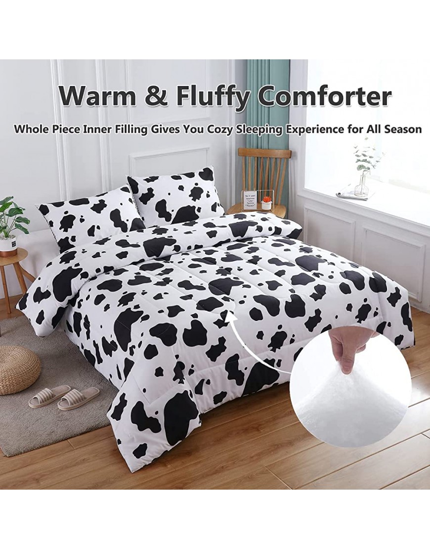 PERFEMET Cow Print Bedding Comforter Set Queen Size Black and White Reversible Geometric Checkered Bedding Set for Kids Teens Boys Girls Rustic Animal Cowhide Pattern Bed Quilt Set - B07806H8R