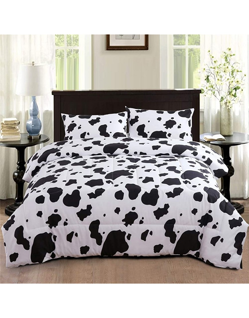 PERFEMET Cow Print Bedding Comforter Set Queen Size Black and White Reversible Geometric Checkered Bedding Set for Kids Teens Boys Girls Rustic Animal Cowhide Pattern Bed Quilt Set - B07806H8R