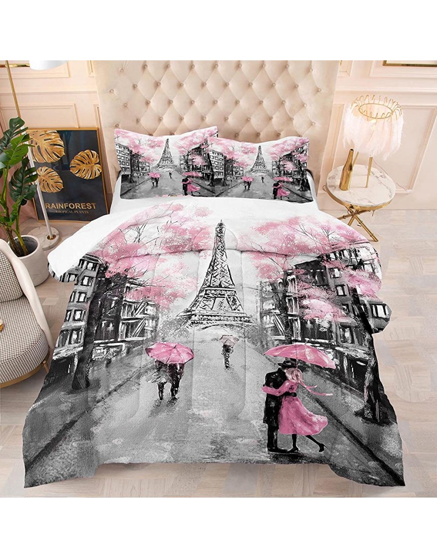 Pink Paris Eiffel Tower Comforter Set Full Size French Style Couple Lover Flower Bedding Sets for Girls Women Kids Quilted Duvet 1 Comforter + 2 Pillow Cases - BC2X648SS
