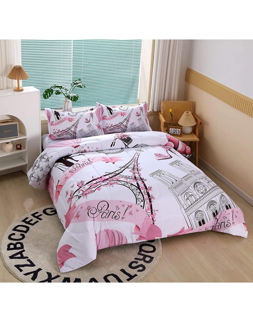 Romantic Pink Paris Style Comforter Set for Girls and Teens Twin Size Sweet Couple Paris Tower Bedroom Themed Bedding Comforter with 2 City Landscape Patterned Pillowcases-68 x86Twin Pink - B11YOXYPF