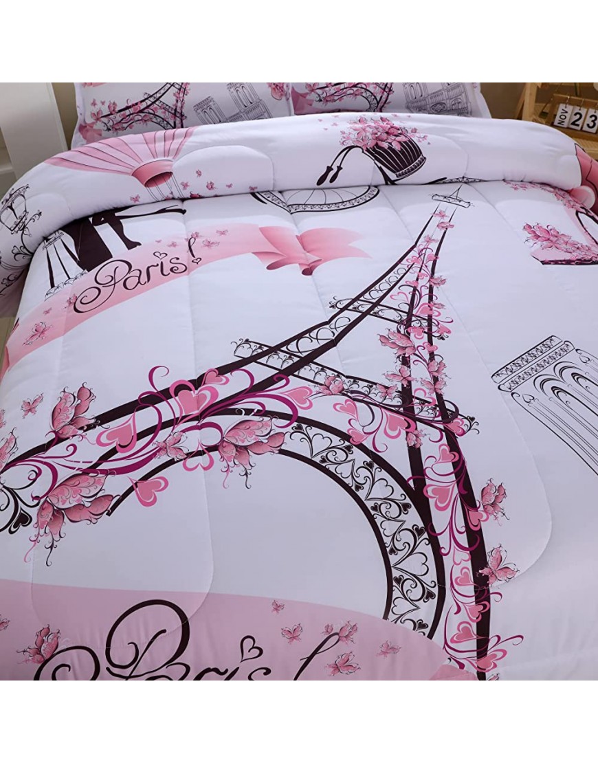 Romantic Pink Paris Style Comforter Set for Girls and Teens Twin Size Sweet Couple Paris Tower Bedroom Themed Bedding Comforter with 2 City Landscape Patterned Pillowcases-68 x86Twin Pink - B11YOXYPF
