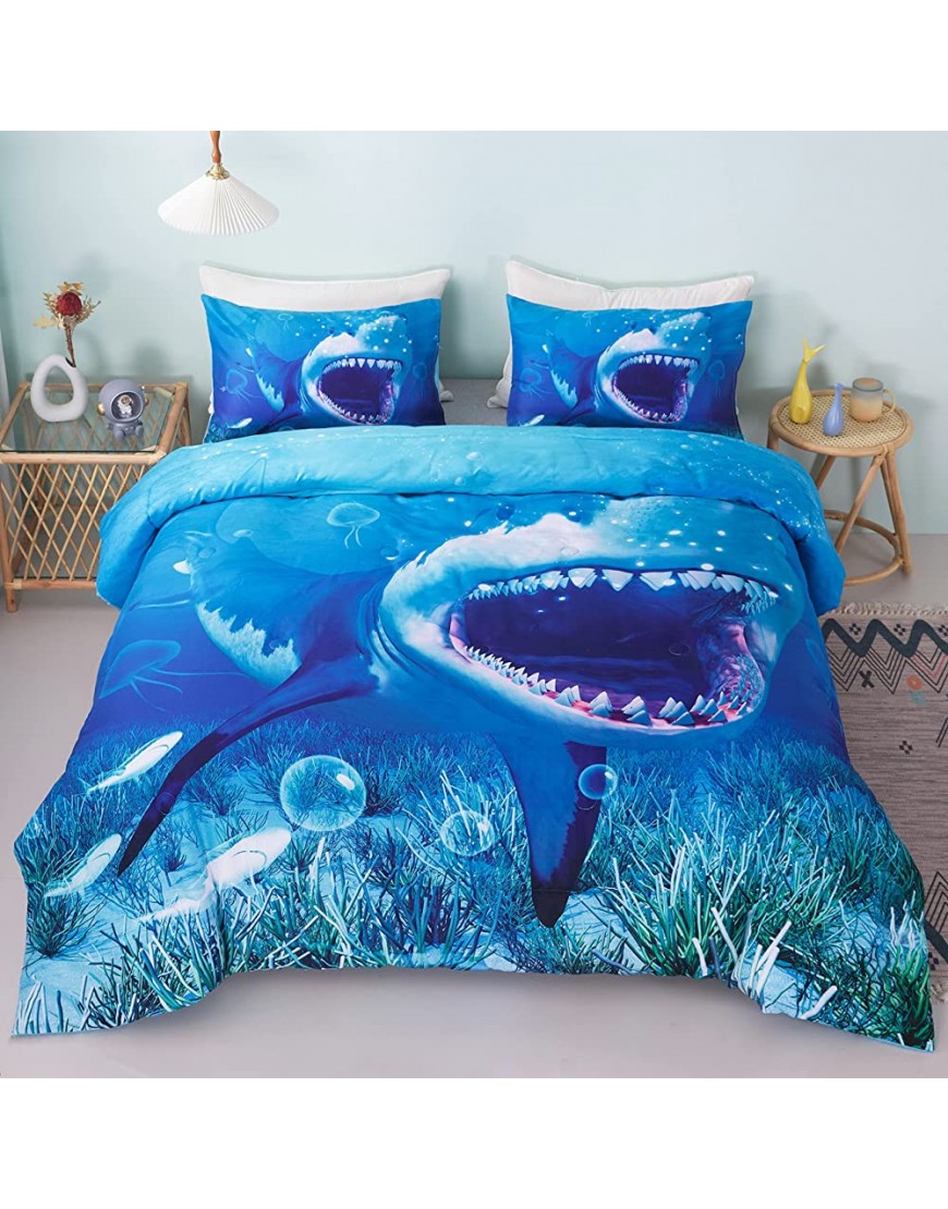 Shark Comforter Twin Size with Sea World Animal Print All Season Blue Comforter Set 3 Pieces with 2 Pillowcases for Boys,Girls Twin ,Blue - BO4VOFWGK